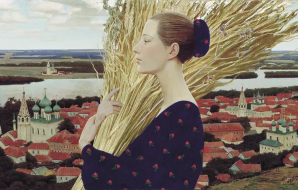 Picture river, woman, hay, town, firewood, temples, 1992, Andrey REMNEV