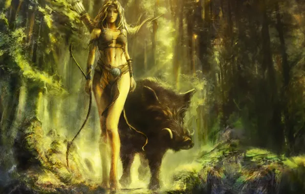 Forest, girl, bow, art, boar, cyrilbarreaux