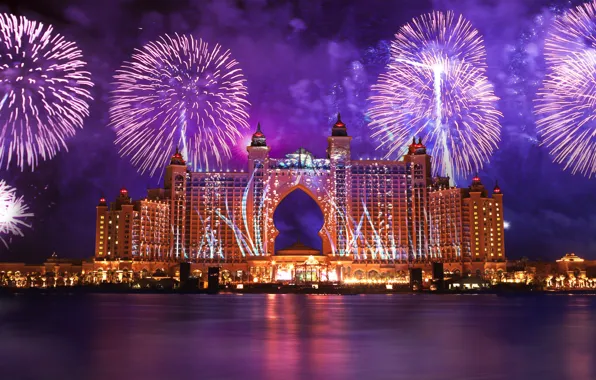 Water, salute, Dubai, dubai, fireworks, Atlantis The Palm