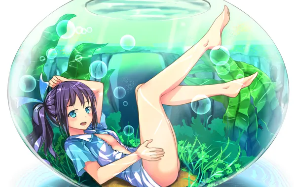 Water, girl, algae, smile, aquarium, anime, art, yan