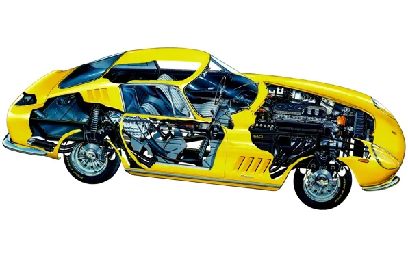 Picture yellow, engine, details, Ferrari 275 GTB