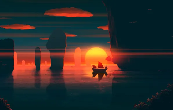 Sunset, The sun, Sea, Mountains, Sunrise, Rocks, Rock, Ship