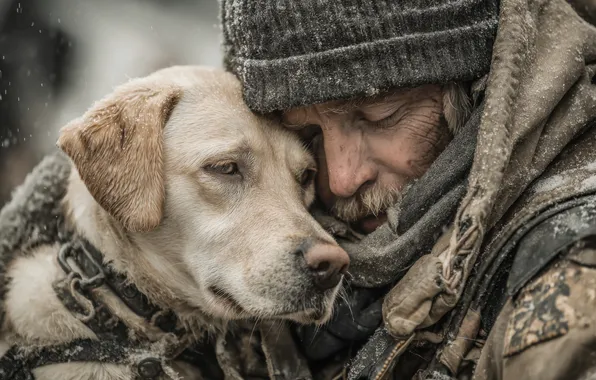 Picture each, wrapped up, neural network, dog, grandfather, snow, cold, winter