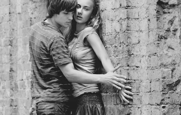 Love, wall, passion, touch, the girl and the guy, black and white, veal tenderness