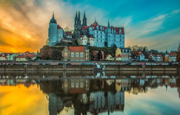 Auto, the sky, sunset, house, reflection, castle, Germany, channel