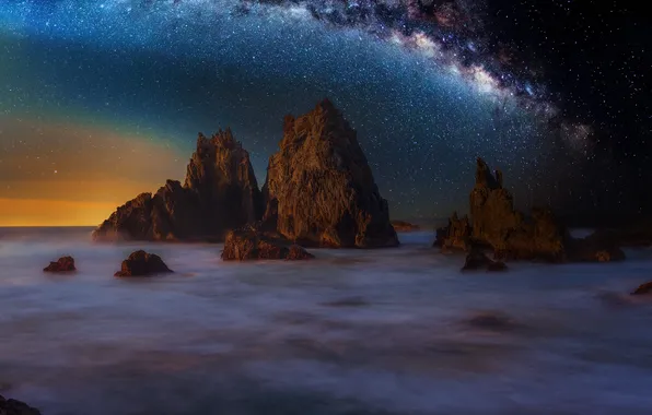 Sea, the sky, stars, night, fog, rocks, shore, view
