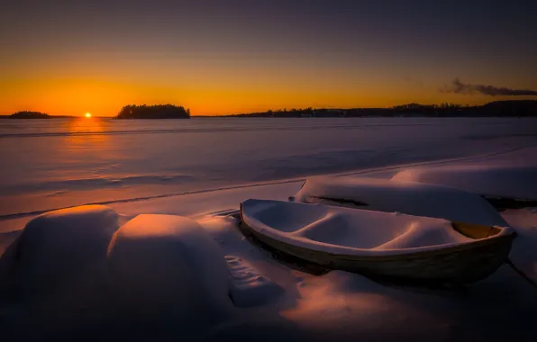 Winter, snow, night, boat