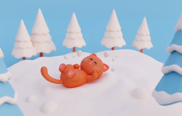 Winter, forest, cat, cat, snow, rendering, cat, pussy