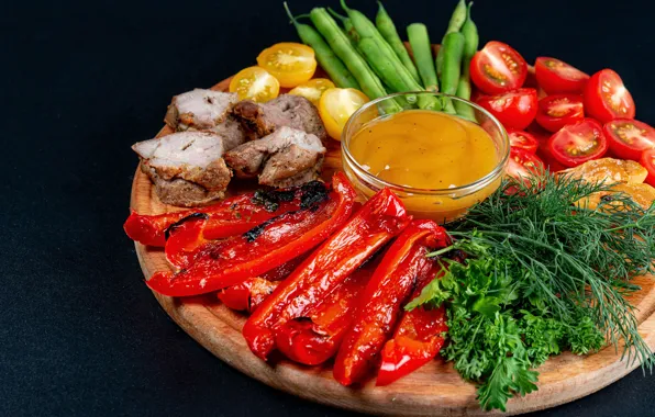 Greens, dill, meat, Board, pepper, vegetables, sauce, kebabs