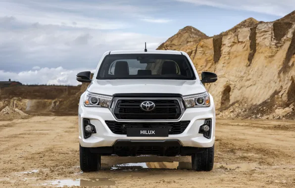 White, puddles, Toyota, front view, pickup, Hilux, Special Edition, 2019