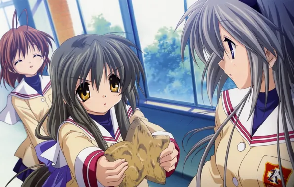 Cookies, window, emblem, clannad, school uniform, art, friend, kazumi ikeda