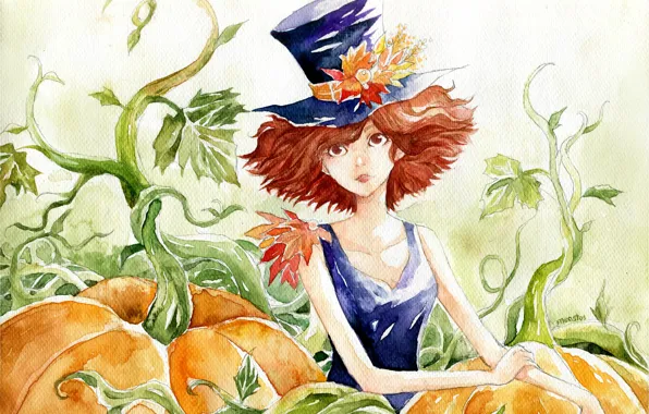 Picture leaves, figure, hat, watercolor, pumpkin, red, art, Menstos