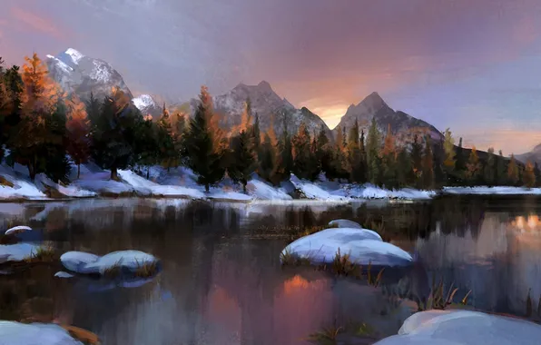 Picture winter, snow, trees, mountains, lake, stones, art, coniferous