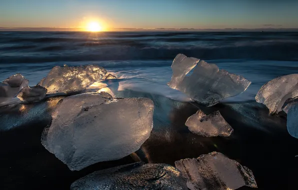 Ice, wave, water, the sun, sunset, shore