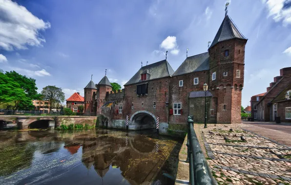 The sky, clouds, trees, the city, castle, tower, channel, arch