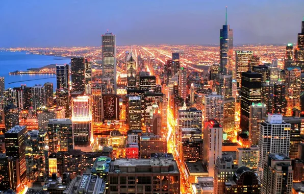 Picture city, lights, USA, Chicago, Illinois, skyline, sky, sunset
