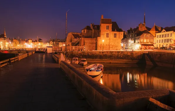 Night, bridge, lights, river, France, home, boats, lights
