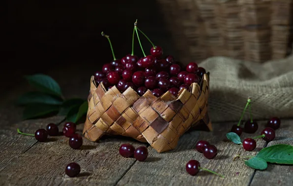 Leaves, cherry, berries, the dark background, table, basket, Board, harvest