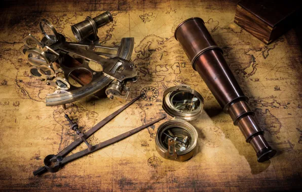 Picture map, pipe, box, treasures, compass, old, telescope, party