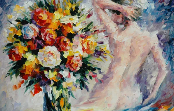 Picture girl, flowers, back, bouquet, hands, vase, painting, Leonid Afremov