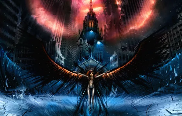 Picture the city, dark, wings, angel, The darkness