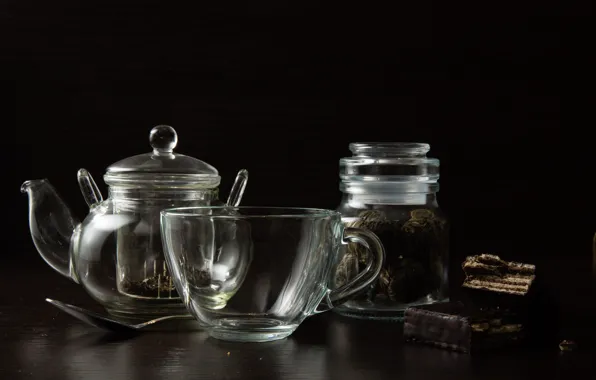 Glass, table, kettle, spoon, mug, Cup, Bank, still life