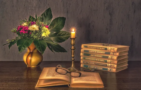 Picture flowers, books, candle, bouquet, glasses, still life