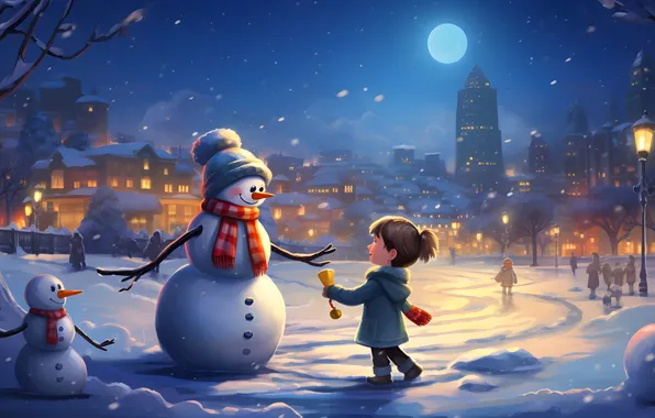 Picture Home, The evening, People, Christmas, Girl, New year, Digital art, Snowmen