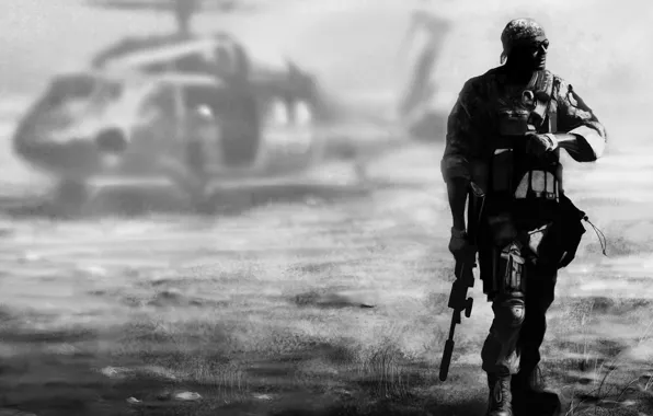 Picture background, soldiers, helicopter, equipment