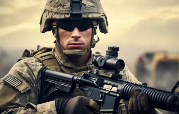Glasses, Soldiers, USA, Machine, Male, Digital art, Helmet, AI art