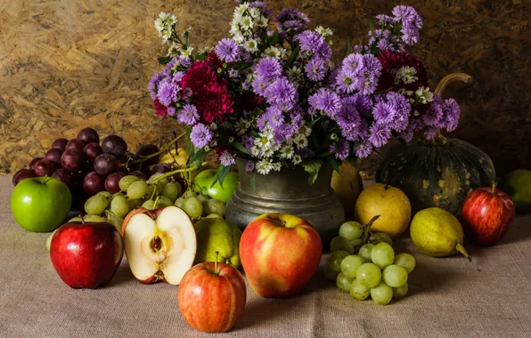 Flowers, apples, bouquet, grapes, fruit, still life, pear, flowers