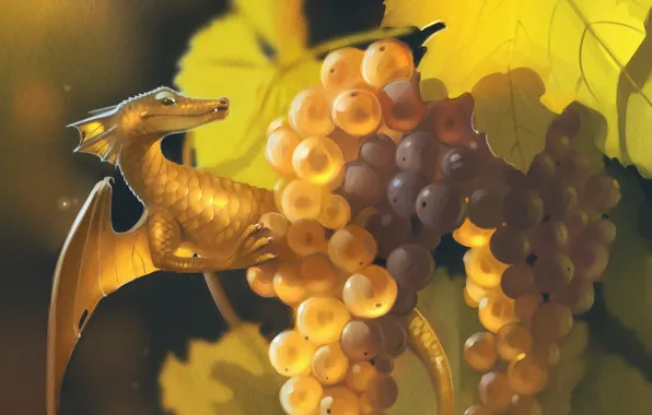 Forest, dragon, berry, grapes, art