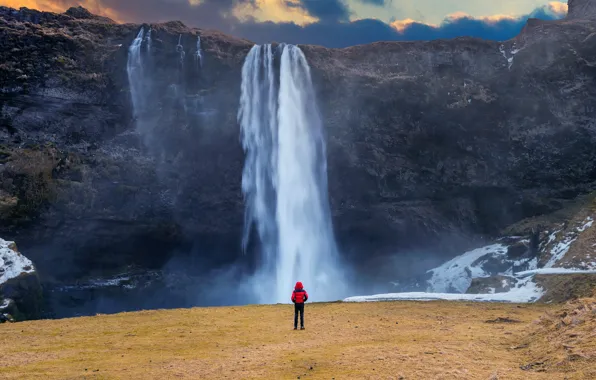 Snow, clouds, rocks, shore, people, waterfall, stream, Iceland