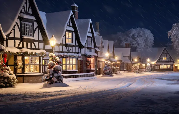 Winter, snow, decoration, night, the city, lights, street, tree