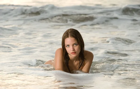 Sea, look, foam, water, girl, brown hair, Emily, amelie