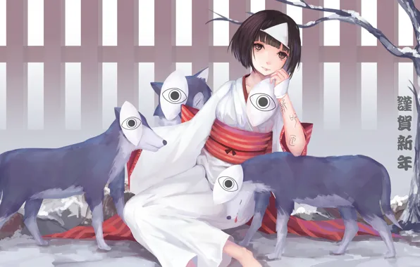 Picture girl, spirit, mask, anime, art, Noragami, Nora