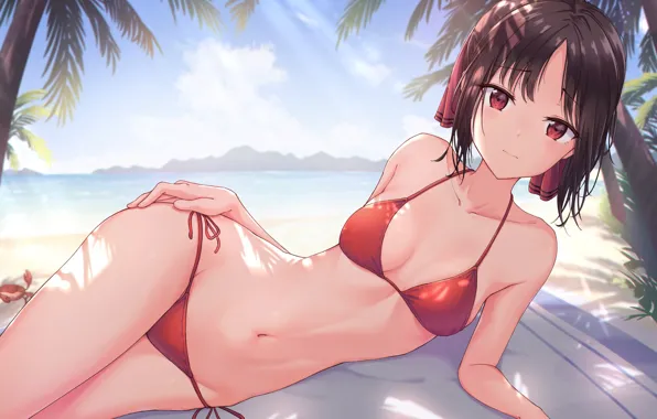Picture girl, sexy, cleavage, beach, boobs, anime, beautiful, red eyes