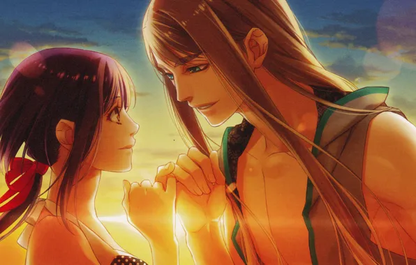 Picture the sky, the sun, hands, two, long hair, art, visual novel, promise