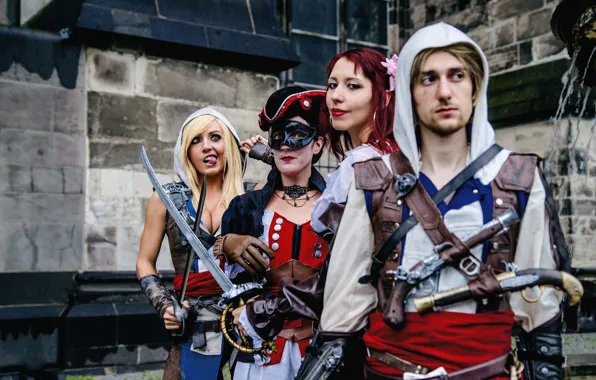 Picture dress, men, women, Assassin's Creed, cosplay, blonde, antique firearms, swords. pose