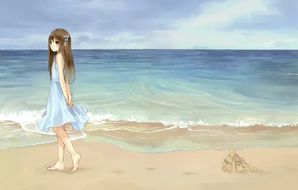 Picture sand, sea, beach, the sky, girl, anime