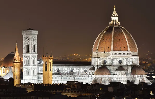The sky, night, lights, home, Italy, Florence, Duomo, Giotto's bell tower