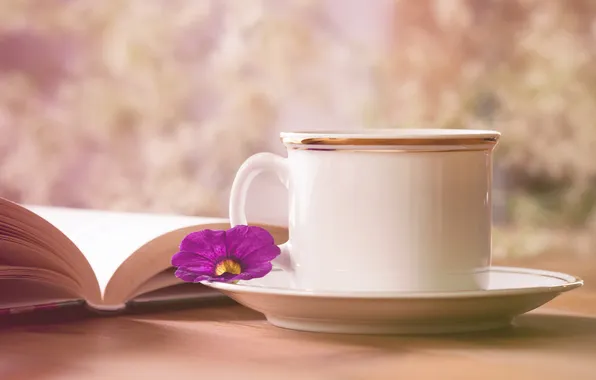 Flower, mug, book, a couple of tea
