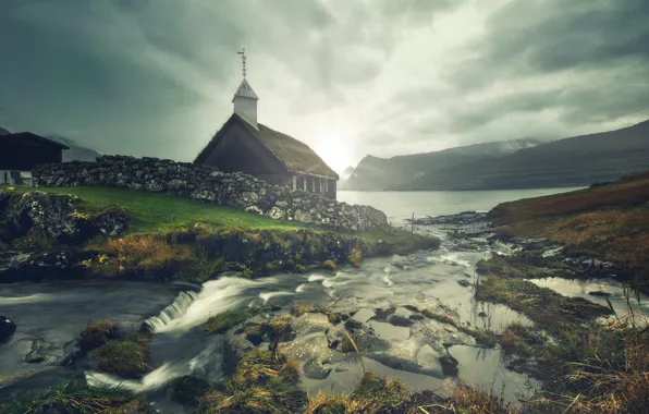 Clouds, mountains, stones, overcast, shore, Church, haze, house