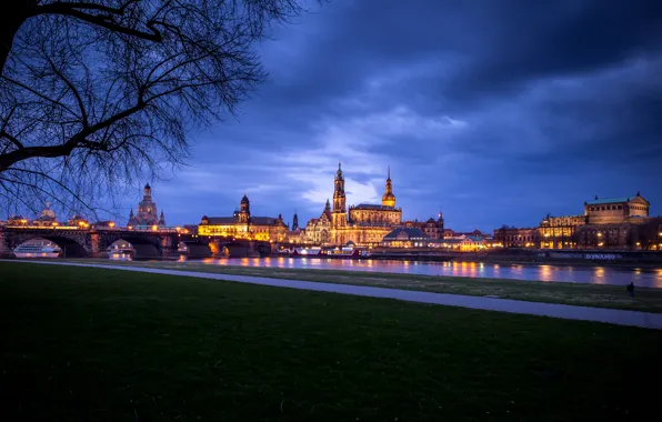 Picture the sky, clouds, bridge, lights, river, home, the evening, Germany