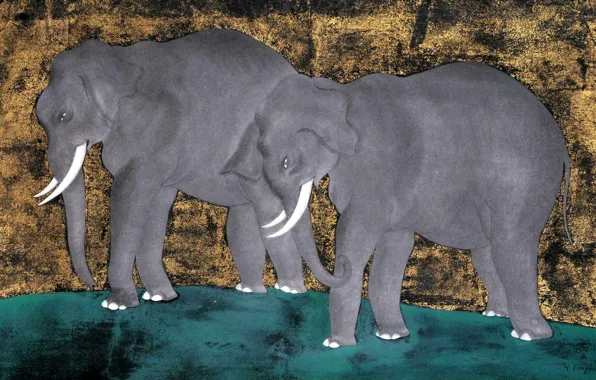 Picture watercolor, Elephants, 1918, Tsuguharu, Fujita, Gouache, brush and ink, and gold leaf on paper
