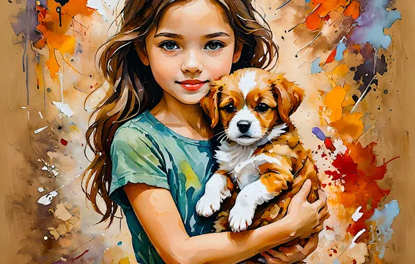 Paint, dog, dress, red, girl, puppy, bright colors, strokes
