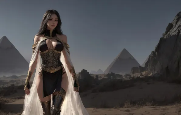 Girl, fantasy, nature, art, painting, fantasy art, pyramids, fantasy girl