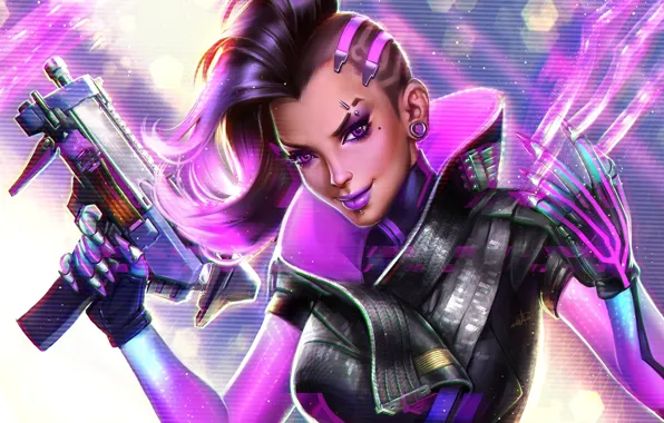 Girl, face, smile, gun, weapons, art, hairstyle, blizzard