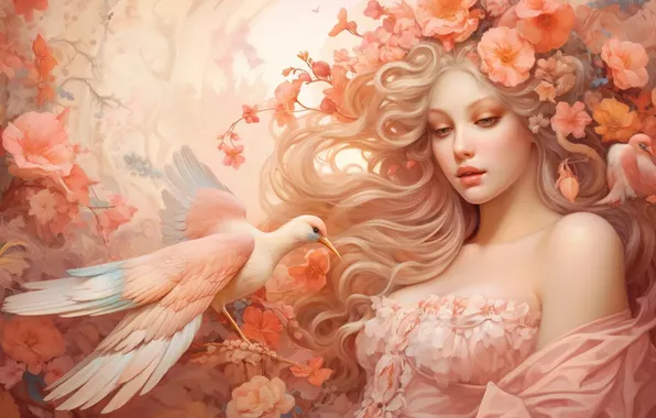 Girl, flowers, bird, dove, wreath, stylized painting