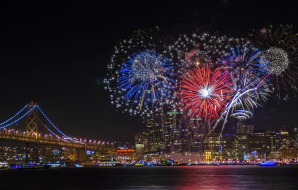 Bridge, lights, building, skyscrapers, panorama, fireworks